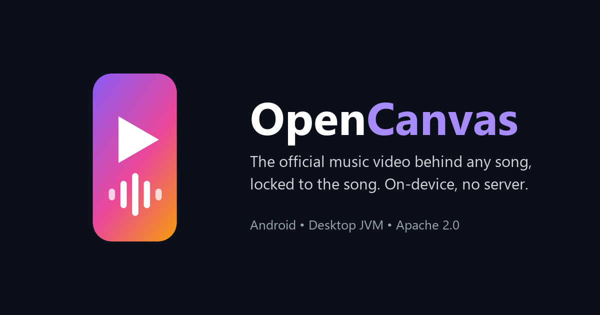 The OpenCanvas logo beside its tagline: the official music video behind any song, locked to the song